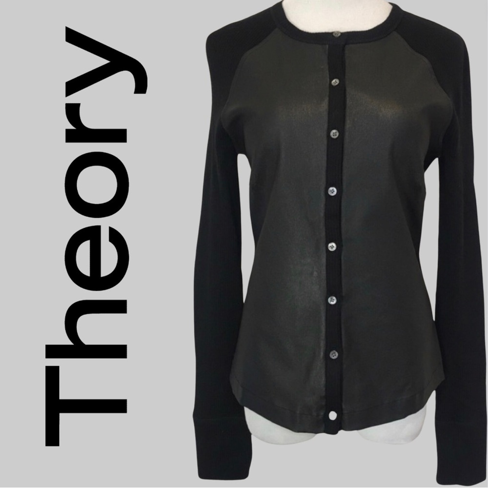 Theory Combo Raglan Rib-Knit Sweater Cardigan Shirt Small Black Leather